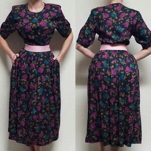80s Vintage SK & Company Black Fuschia Pink Floral Puff Sleeve Two-Piece Set 10